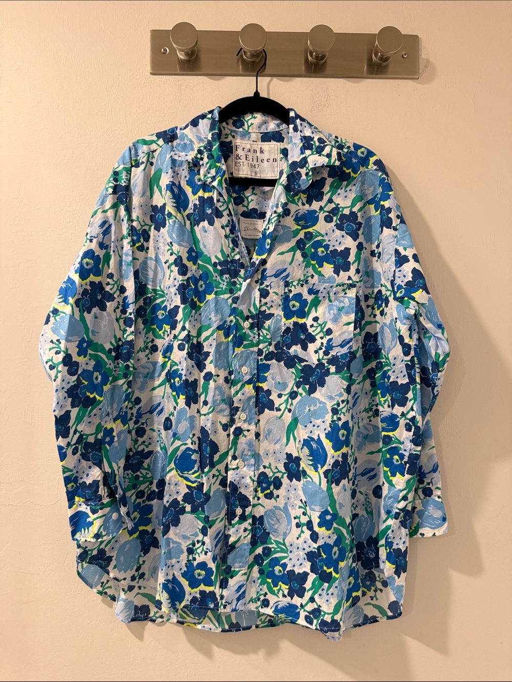 Frank & Eileen Shirley Floral Button Up Shirt S Blue Green 100% Cotton Italy